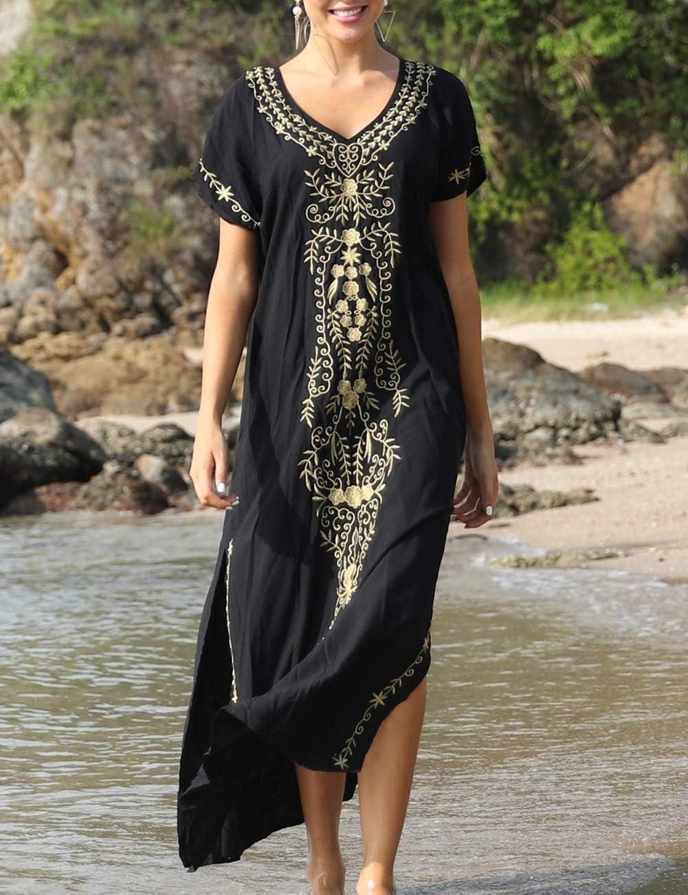 imageBusbseach Caftan Dresses for Women Embroidery Short Sleeve Beach Cover Up V Neck Maxi Kaftan DressBlack