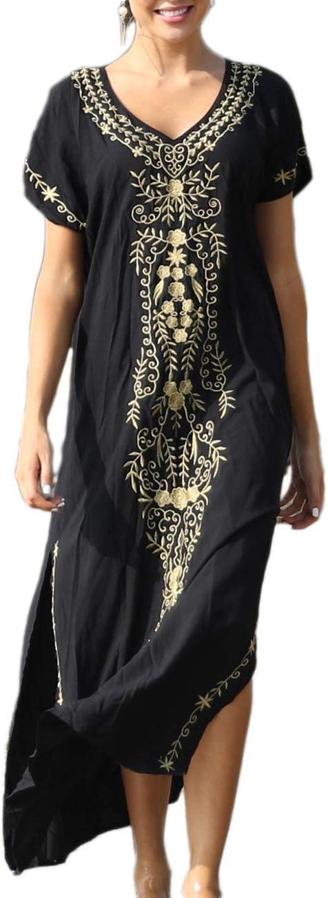 imageBusbseach Caftan Dresses for Women Embroidery Short Sleeve Beach Cover Up V Neck Maxi Kaftan DressBlack