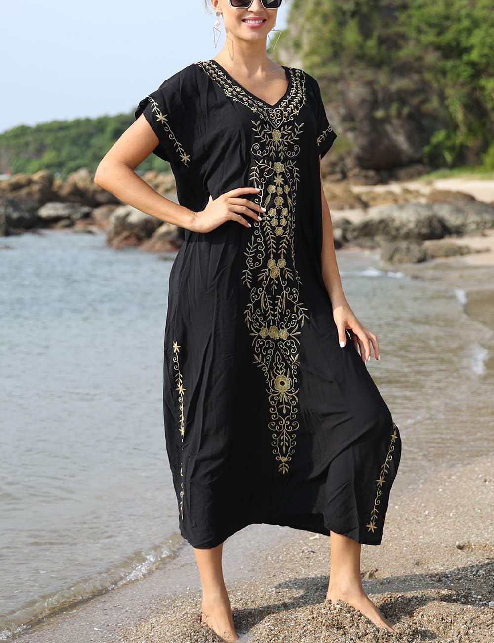 imageBusbseach Caftan Dresses for Women Embroidery Short Sleeve Beach Cover Up V Neck Maxi Kaftan DressBlack