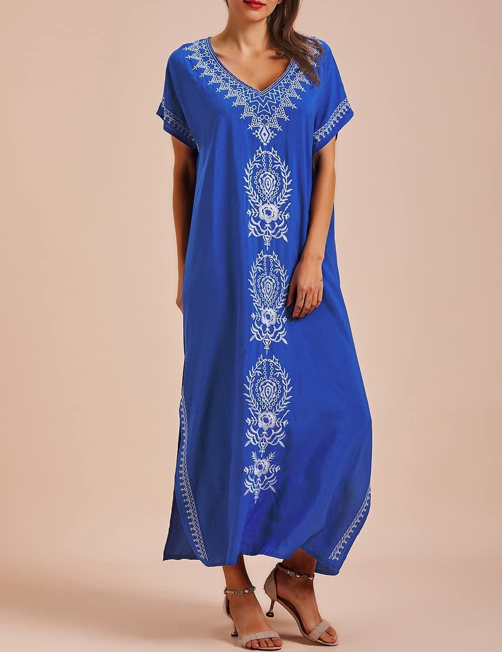 imageBusbseach Caftan Dresses for Women Embroidery Short Sleeve Beach Cover Up V Neck Maxi Kaftan DressRoyal Blue