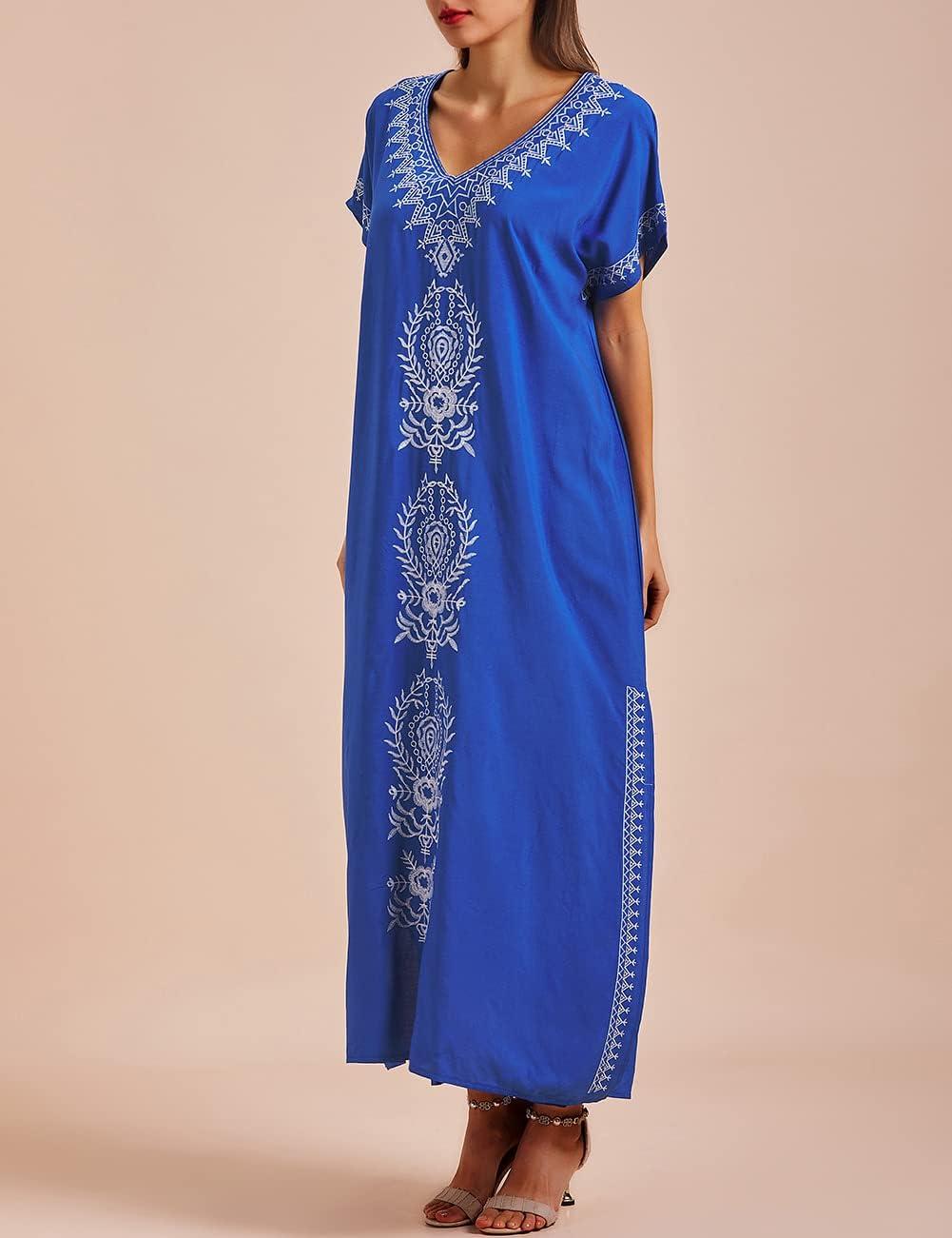 imageBusbseach Caftan Dresses for Women Embroidery Short Sleeve Beach Cover Up V Neck Maxi Kaftan DressRoyal Blue