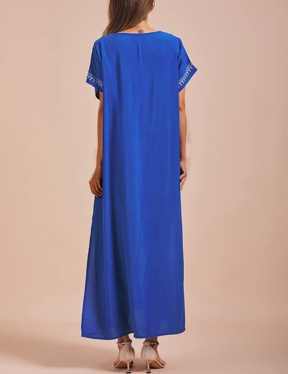 imageBusbseach Caftan Dresses for Women Embroidery Short Sleeve Beach Cover Up V Neck Maxi Kaftan DressRoyal Blue