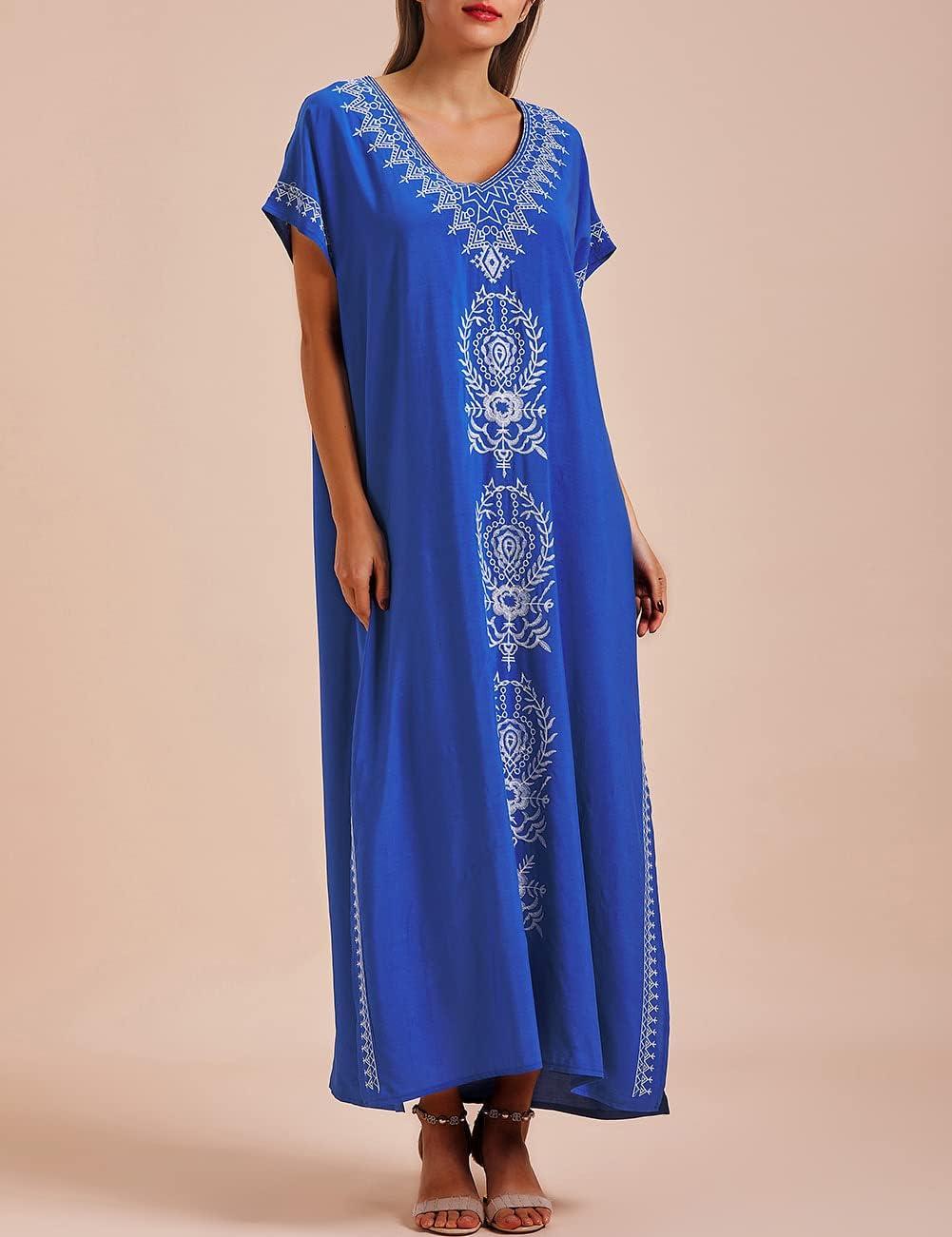 imageBusbseach Caftan Dresses for Women Embroidery Short Sleeve Beach Cover Up V Neck Maxi Kaftan DressRoyal Blue