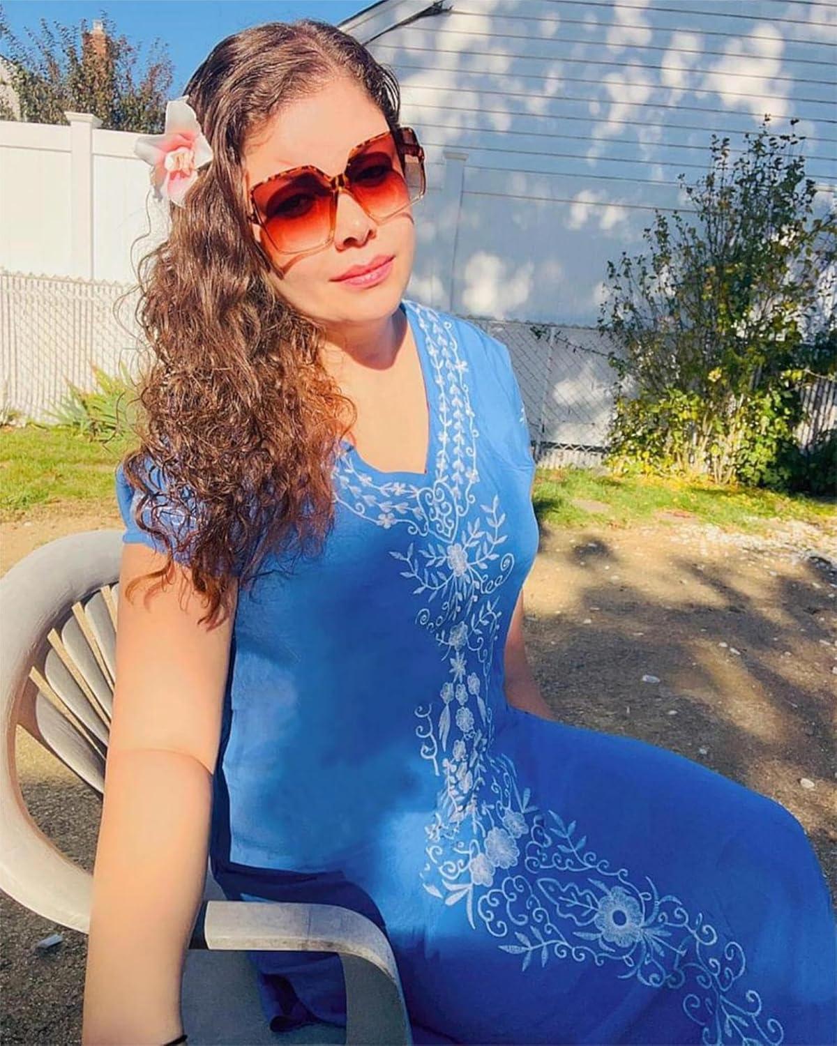 imageBusbseach Caftan Dresses for Women Embroidery Short Sleeve Beach Cover Up V Neck Maxi Kaftan DressWblue Embroidery