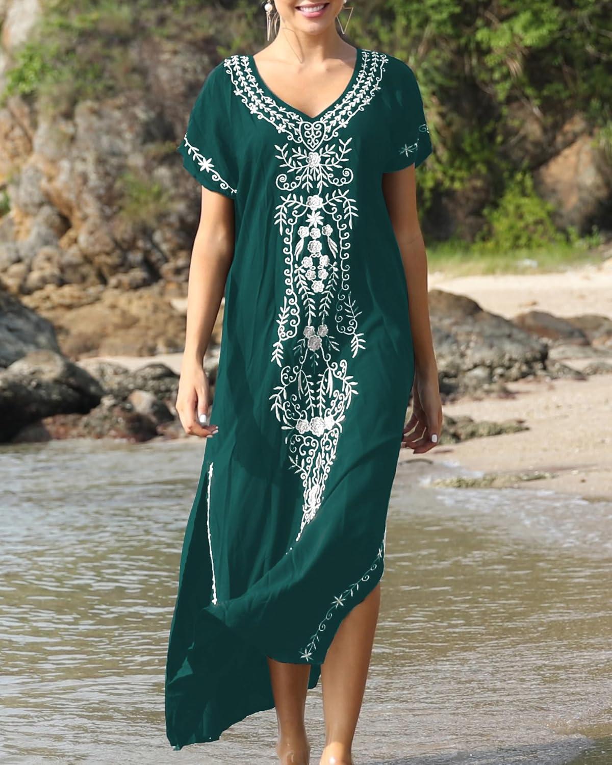 imageBusbseach Caftan Dresses for Women Embroidery Short Sleeve Beach Cover Up V Neck Maxi Kaftan DressWgreen Embroidery
