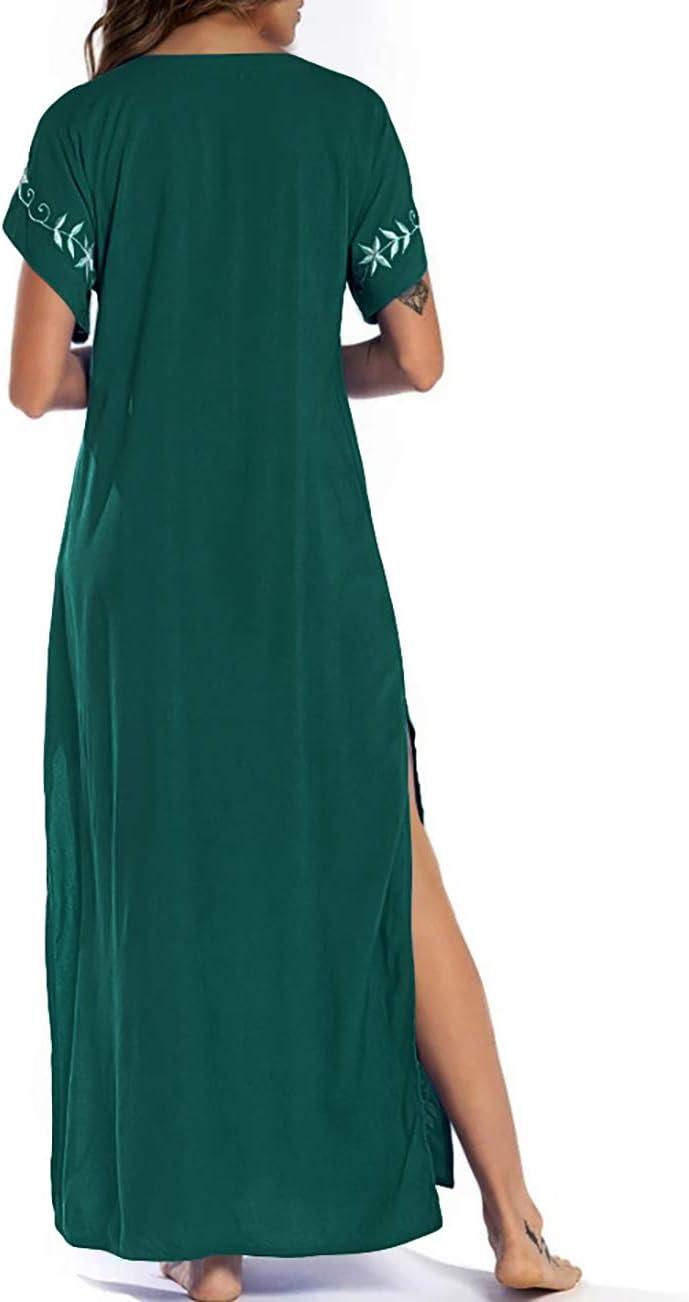 imageBusbseach Caftan Dresses for Women Embroidery Short Sleeve Beach Cover Up V Neck Maxi Kaftan DressWgreen Embroidery