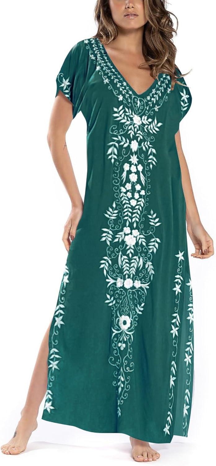 imageBusbseach Caftan Dresses for Women Embroidery Short Sleeve Beach Cover Up V Neck Maxi Kaftan DressWgreen Embroidery