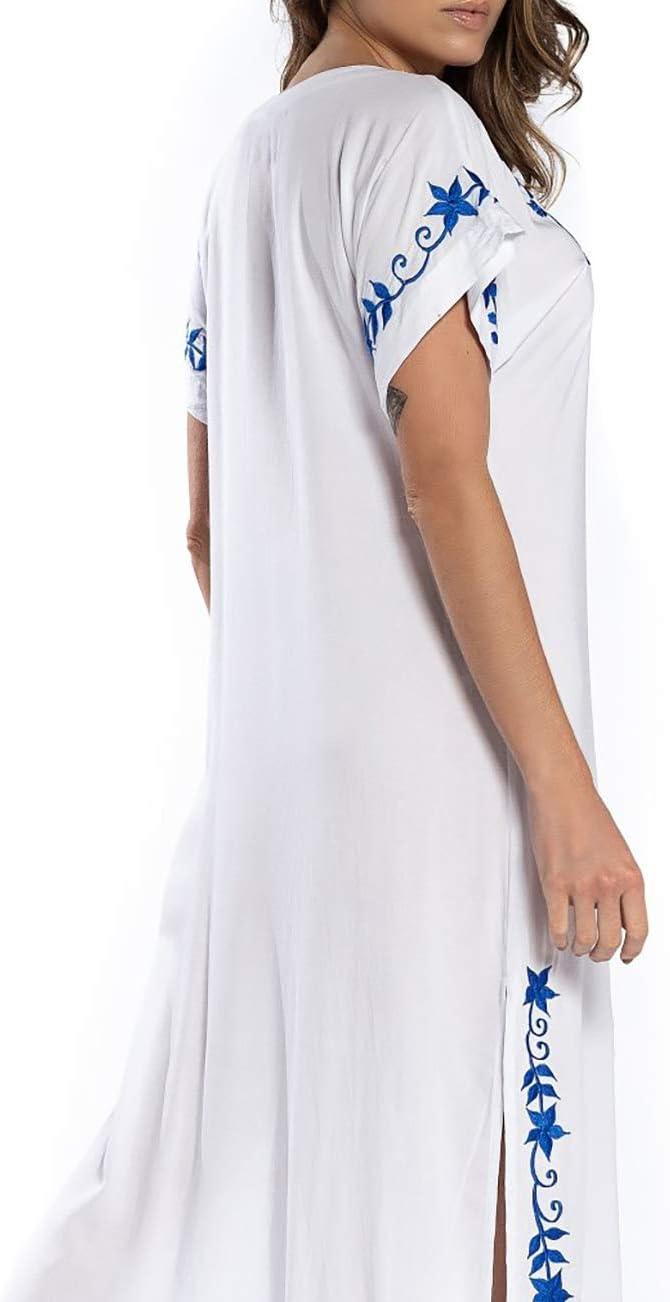 imageBusbseach Caftan Dresses for Women Embroidery Short Sleeve Beach Cover Up V Neck Maxi Kaftan DressWhite
