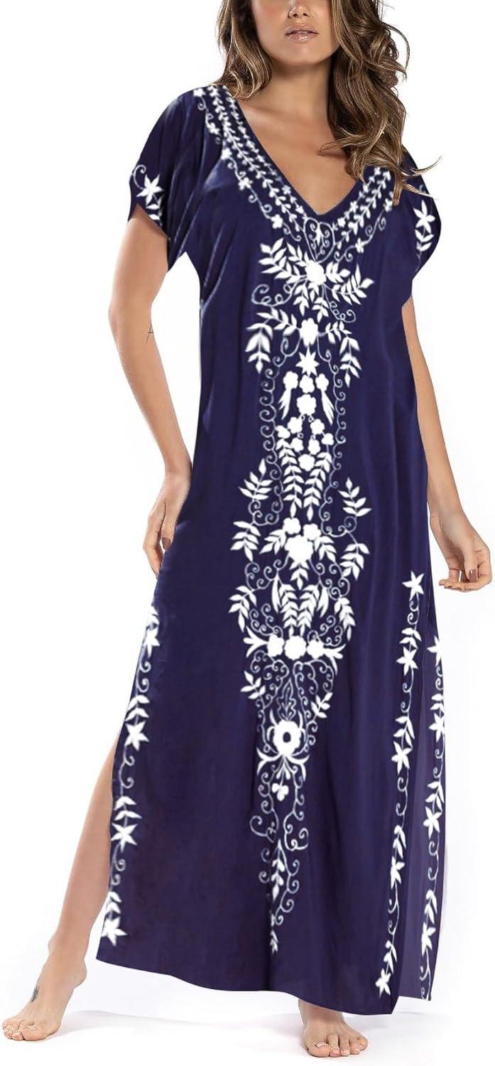 imageBusbseach Caftan Dresses for Women Embroidery Short Sleeve Beach Cover Up V Neck Maxi Kaftan DressWnavy Embroidery