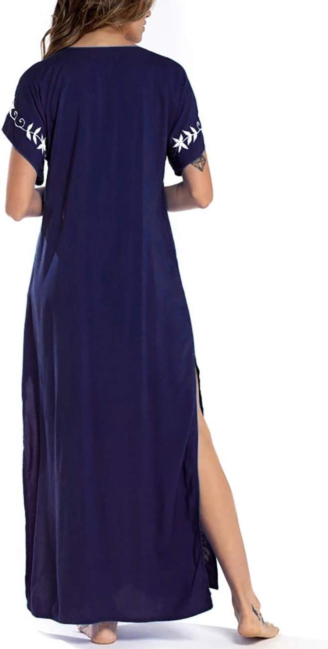imageBusbseach Caftan Dresses for Women Embroidery Short Sleeve Beach Cover Up V Neck Maxi Kaftan DressWnavy Embroidery