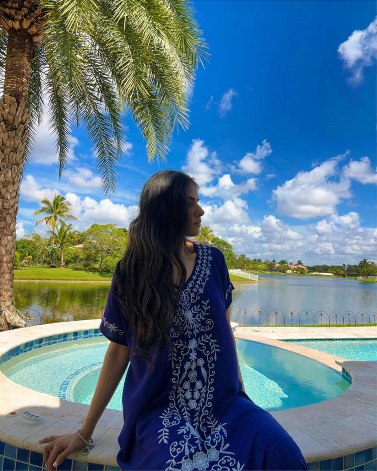 imageBusbseach Caftan Dresses for Women Embroidery Short Sleeve Beach Cover Up V Neck Maxi Kaftan DressWnavy Embroidery