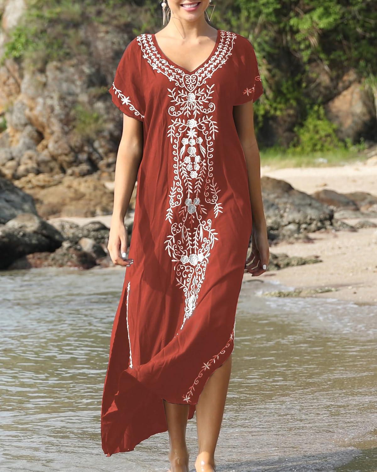 imageBusbseach Caftan Dresses for Women Embroidery Short Sleeve Beach Cover Up V Neck Maxi Kaftan DressWrust Red Embroidery