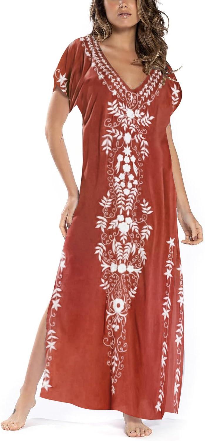 imageBusbseach Caftan Dresses for Women Embroidery Short Sleeve Beach Cover Up V Neck Maxi Kaftan DressWrust Red Embroidery