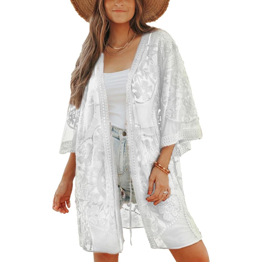 imageBsubseach 2025 Kimonos for Women Lace Swimsuit Coverup Mesh Swim Cover Up Beach Vacation Sheer Kimono Duster CardigansBwhite