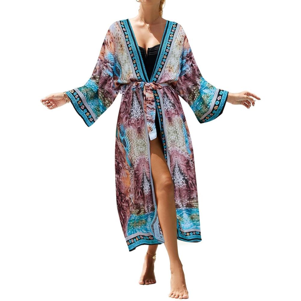 imageBsubseach Kimono Swimsuit Cover Ups for Women Robe Pool Cover Up Long Beach Dress Colorful Cardigan for SwimwearSnake