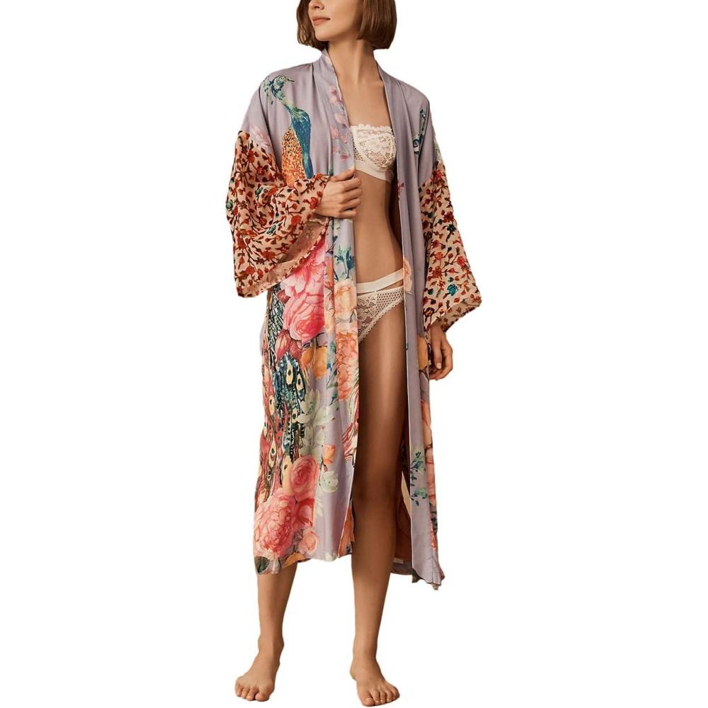 imageBsubseach Kimono swim cover up for women Robe Cardigan Coverups Long Beach Dress Bathing SuitPeacock Print