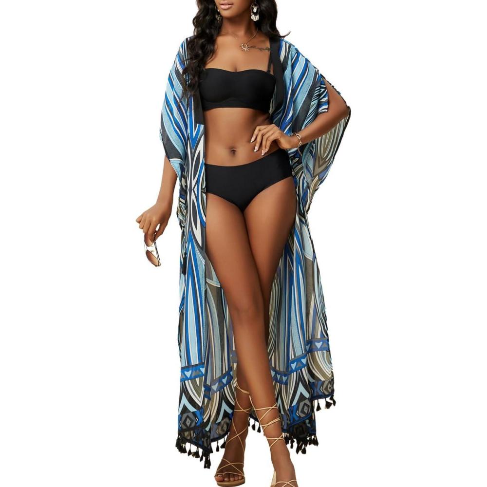 imageBsubseach Kimonos for Women Open Front Kimono Cover ups for Swimwear Women Tassel Bikini Swim Coverup with DrawstringBlue