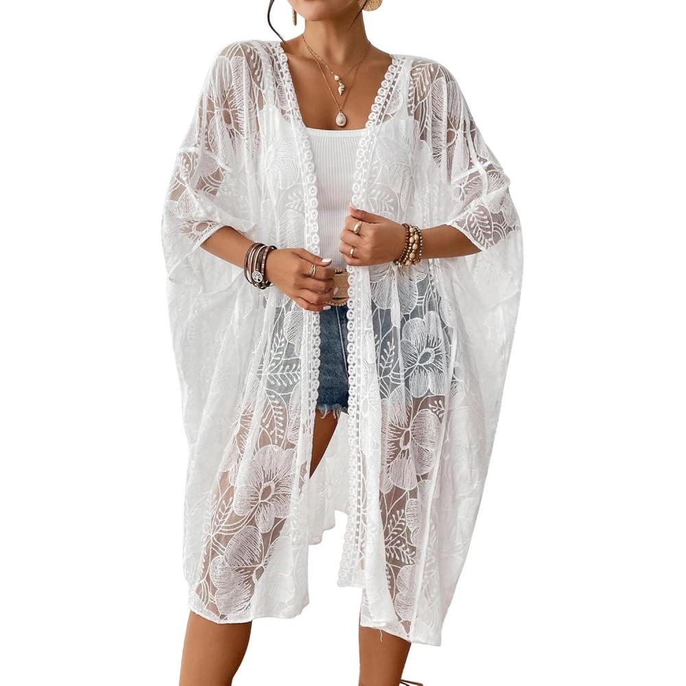 imageBsubseach Lace Kimonos for Women 2025 Swim Cover Up Summer Beach Coverup Open Front Sheer Kimono CardiganWhite 1