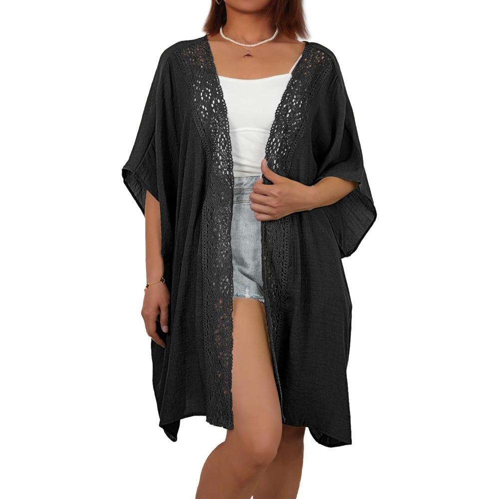 imageBsubseach Women Chiffon Kimono Cardigan Beach Cover Up Lace Swimsuit Coverup Open Front Casual Summer TopsBlack