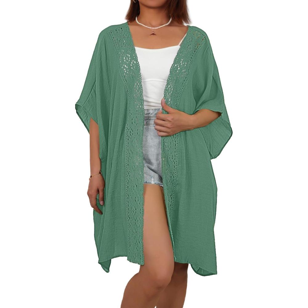 imageBsubseach Women Chiffon Kimono Cardigan Beach Cover Up Lace Swimsuit Coverup Open Front Casual Summer TopsGreen
