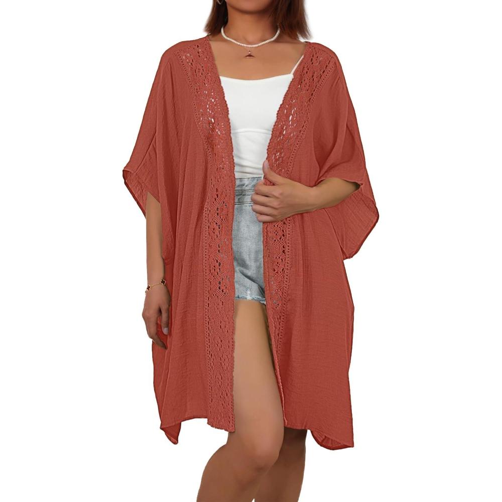 imageBsubseach Women Chiffon Kimono Cardigan Beach Cover Up Lace Swimsuit Coverup Open Front Casual Summer TopsRust Red