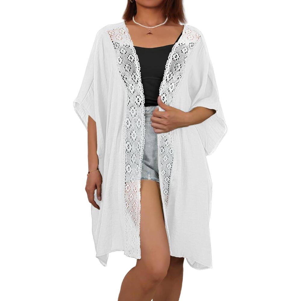 imageBsubseach Women Chiffon Kimono Cardigan Beach Cover Up Lace Swimsuit Coverup Open Front Casual Summer TopsWhite