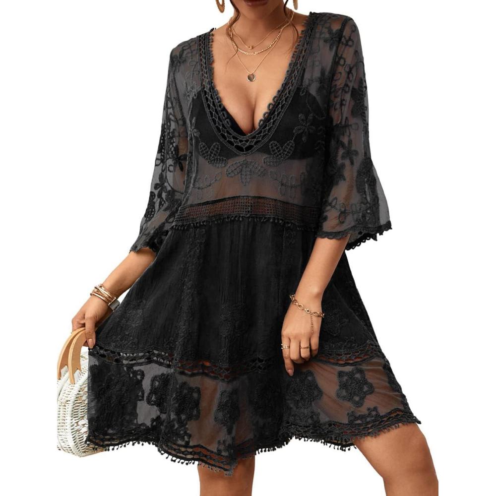 imageBsubseach Women Lace Swimsuit Cover Up Bathing Suit Coverups VNeck Swimwear Beach Vacation DressBlack