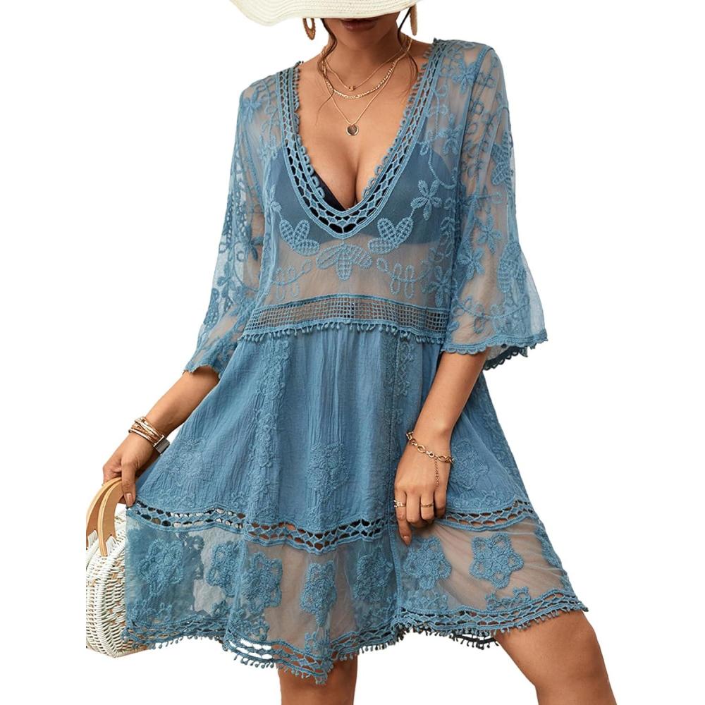 imageBsubseach Women Lace Swimsuit Cover Up Bathing Suit Coverups VNeck Swimwear Beach Vacation DressBlue