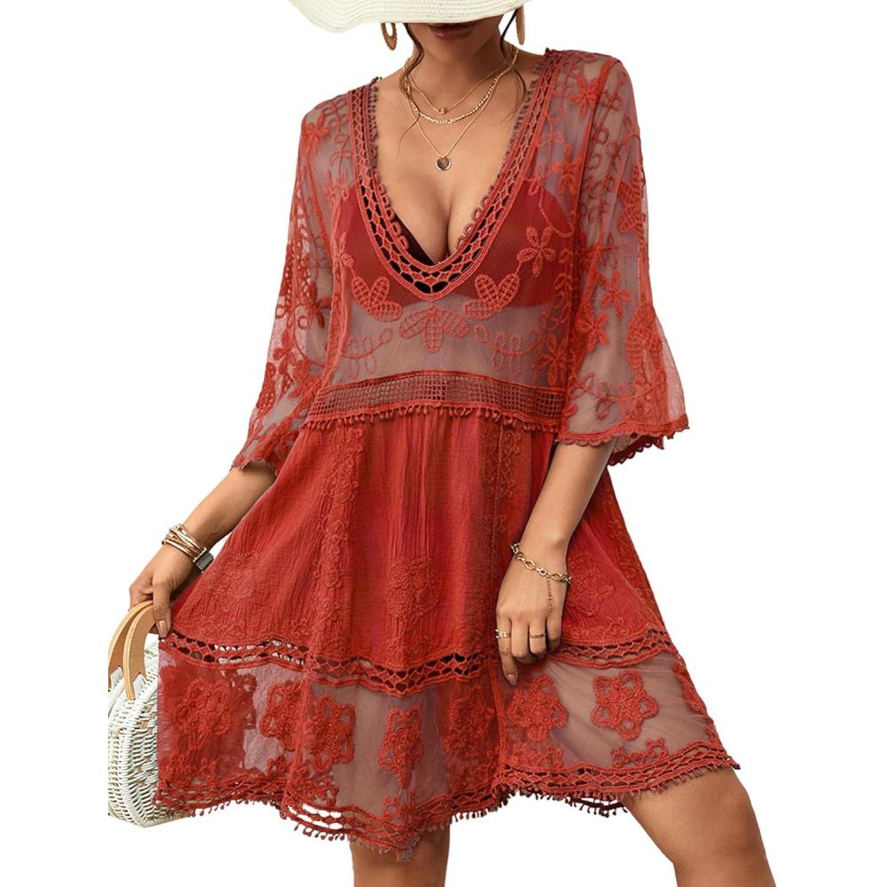 imageBsubseach Women Lace Swimsuit Cover Up Bathing Suit Coverups VNeck Swimwear Beach Vacation DressRed