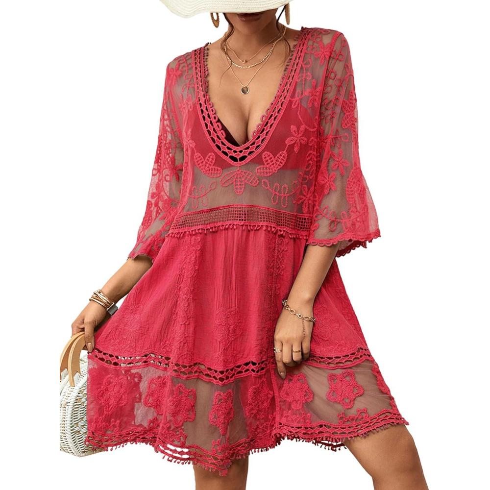 imageBsubseach Women Lace Swimsuit Cover Up Bathing Suit Coverups VNeck Swimwear Beach Vacation DressRose