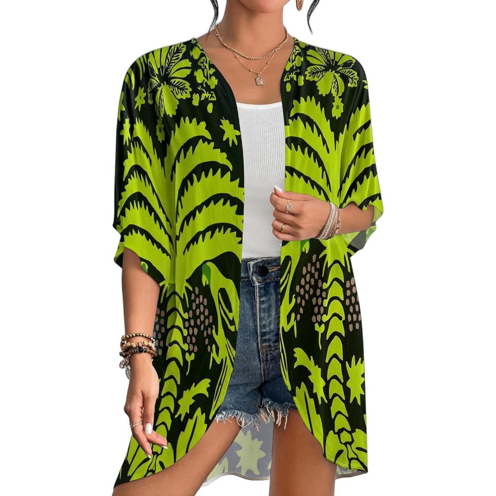 imageBsubseach Womens Kimono Swimsuit Coverup Boho Floral Print Cardigan Half Sleeve Beach Bathing Suit Cover Up Loose TopsBlack  Fluorescent Green