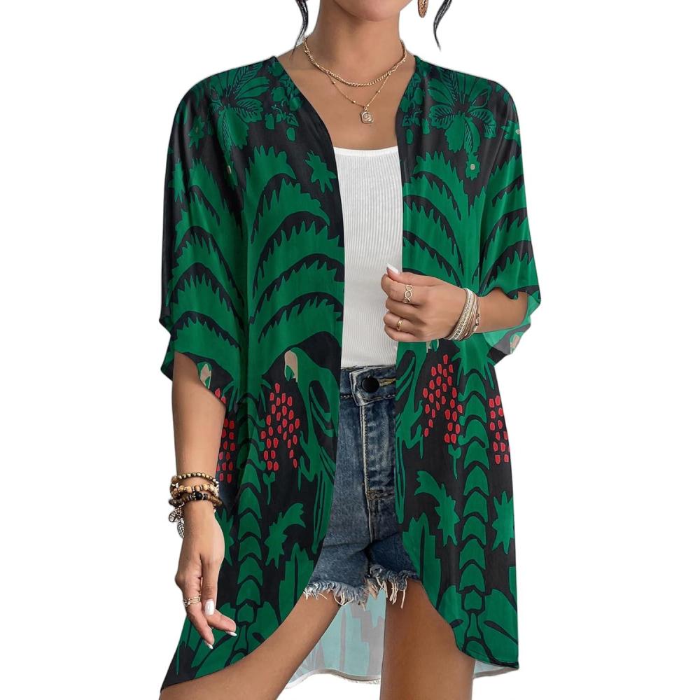 imageBsubseach Womens Kimono Swimsuit Coverup Boho Floral Print Cardigan Half Sleeve Beach Bathing Suit Cover Up Loose TopsBlack  Green