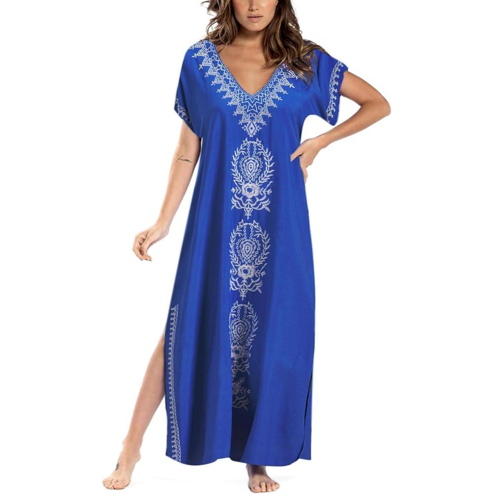 imageBusbseach Caftan Dresses for Women Embroidery Short Sleeve Beach Cover Up V Neck Maxi Kaftan DressRoyal Blue