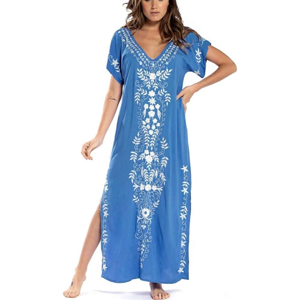 imageBusbseach Caftan Dresses for Women Embroidery Short Sleeve Beach Cover Up V Neck Maxi Kaftan DressWblue Embroidery