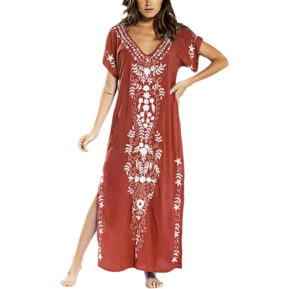 imageBusbseach Caftan Dresses for Women Embroidery Short Sleeve Beach Cover Up V Neck Maxi Kaftan DressWrust Red Embroidery