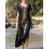 imageBusbseach Caftan Dresses for Women Embroidery Short Sleeve Beach Cover Up V Neck Maxi Kaftan DressBlack