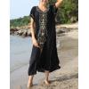 imageBusbseach Caftan Dresses for Women Embroidery Short Sleeve Beach Cover Up V Neck Maxi Kaftan DressBlack