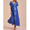 imageBusbseach Caftan Dresses for Women Embroidery Short Sleeve Beach Cover Up V Neck Maxi Kaftan DressRoyal Blue