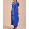 imageBusbseach Caftan Dresses for Women Embroidery Short Sleeve Beach Cover Up V Neck Maxi Kaftan DressRoyal Blue
