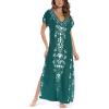 imageBusbseach Caftan Dresses for Women Embroidery Short Sleeve Beach Cover Up V Neck Maxi Kaftan DressWgreen Embroidery