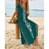 imageBusbseach Caftan Dresses for Women Embroidery Short Sleeve Beach Cover Up V Neck Maxi Kaftan DressWgreen Embroidery