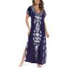 imageBusbseach Caftan Dresses for Women Embroidery Short Sleeve Beach Cover Up V Neck Maxi Kaftan DressWnavy Embroidery