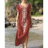 imageBusbseach Caftan Dresses for Women Embroidery Short Sleeve Beach Cover Up V Neck Maxi Kaftan DressWrust Red Embroidery