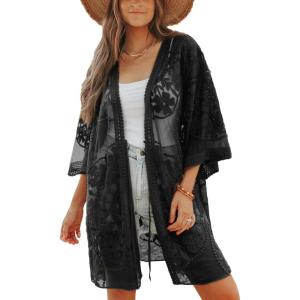 imageBsubseach 2025 Kimonos for Women Lace Swimsuit Coverup Mesh Swim Cover Up Beach Vacation Sheer Kimono Duster CardigansBblack