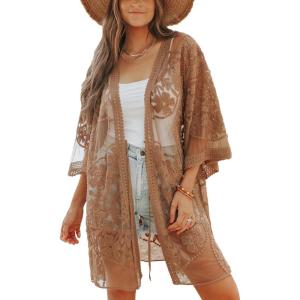 imageBsubseach 2025 Kimonos for Women Lace Swimsuit Coverup Mesh Swim Cover Up Beach Vacation Sheer Kimono Duster CardigansBbrown