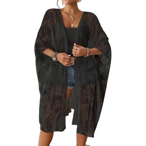 imageBsubseach Lace Kimonos for Women 2025 Swim Cover Up Summer Beach Coverup Open Front Sheer Kimono CardiganBlack 1