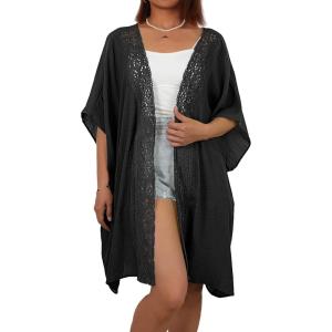 imageBsubseach Women Chiffon Kimono Cardigan Beach Cover Up Lace Swimsuit Coverup Open Front Casual Summer TopsBlack