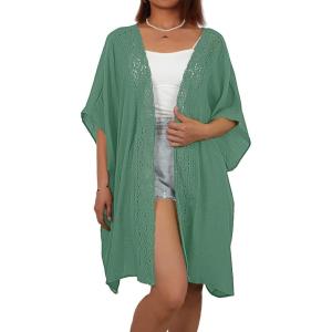 imageBsubseach Women Chiffon Kimono Cardigan Beach Cover Up Lace Swimsuit Coverup Open Front Casual Summer TopsGreen