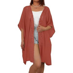imageBsubseach Women Chiffon Kimono Cardigan Beach Cover Up Lace Swimsuit Coverup Open Front Casual Summer TopsRust Red