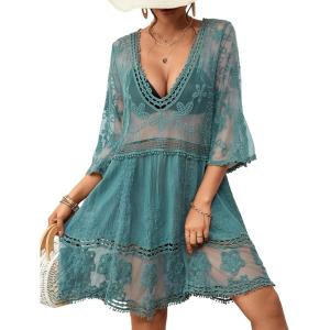 imageBsubseach Women Lace Swimsuit Cover Up Bathing Suit Coverups VNeck Swimwear Beach Vacation DressGreen